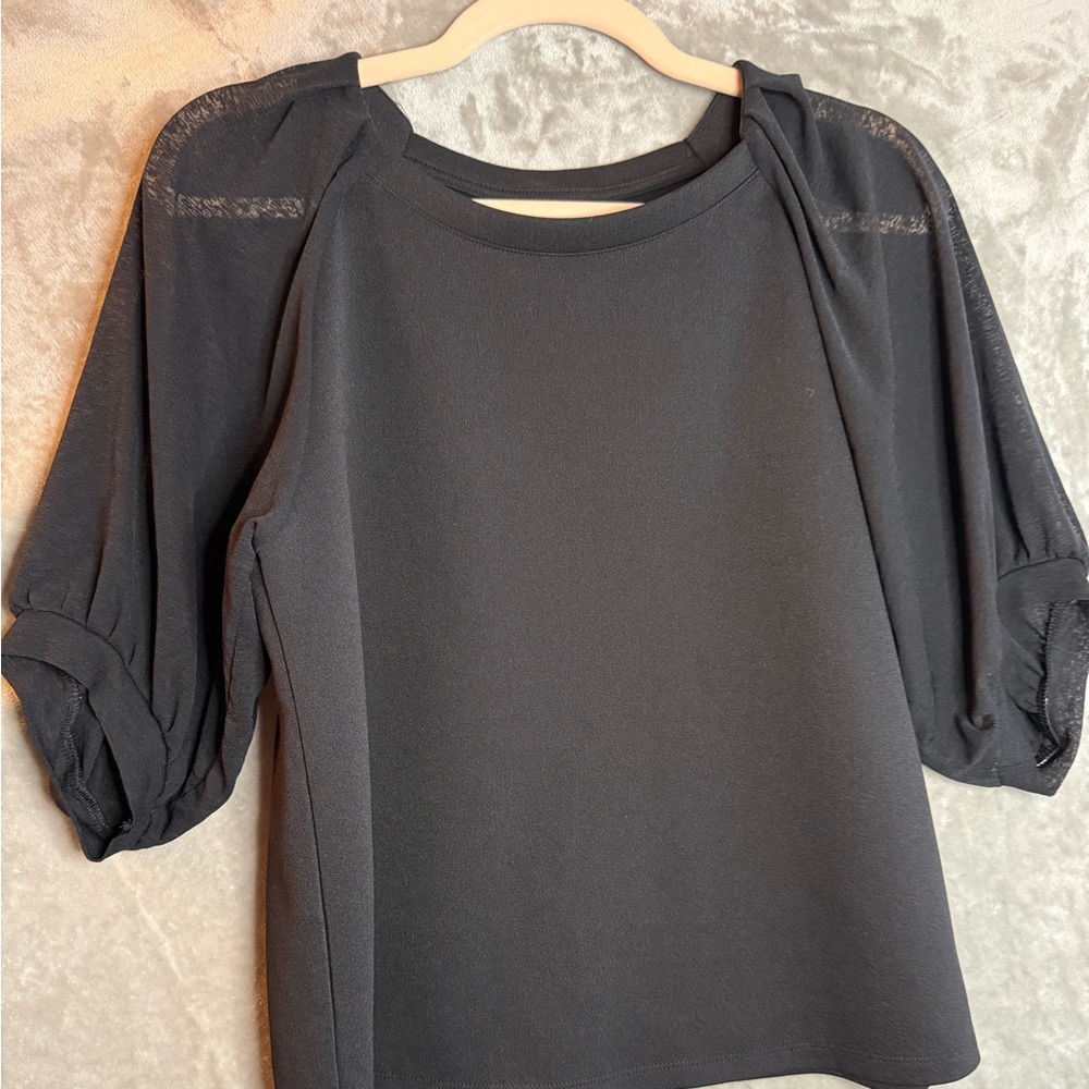 Banana Republic S Black Sheer Balloon 3/4 Sleeve Polyester Crew Neck Blouse‎